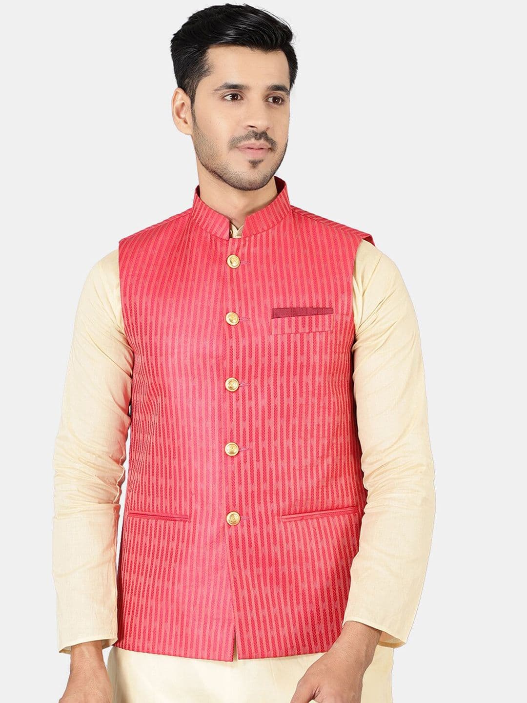Wintage Men Red Woven Design Nehru Jackets - view 1