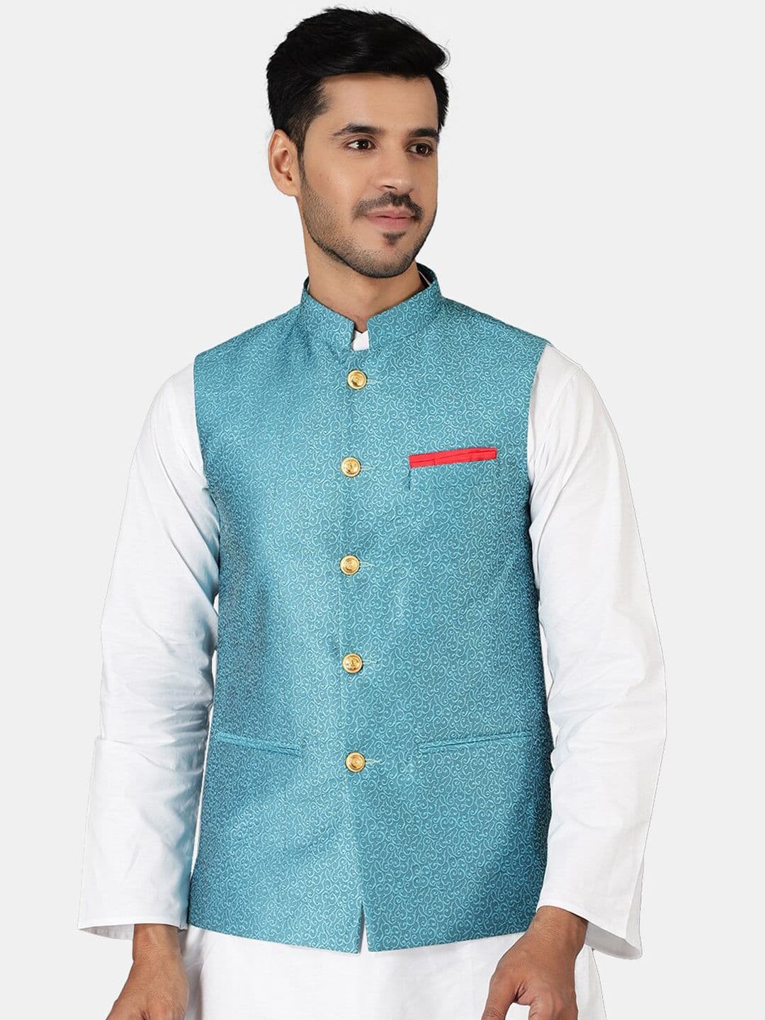 Wintage Men Green Woven Design Nehru Jacket - view 1