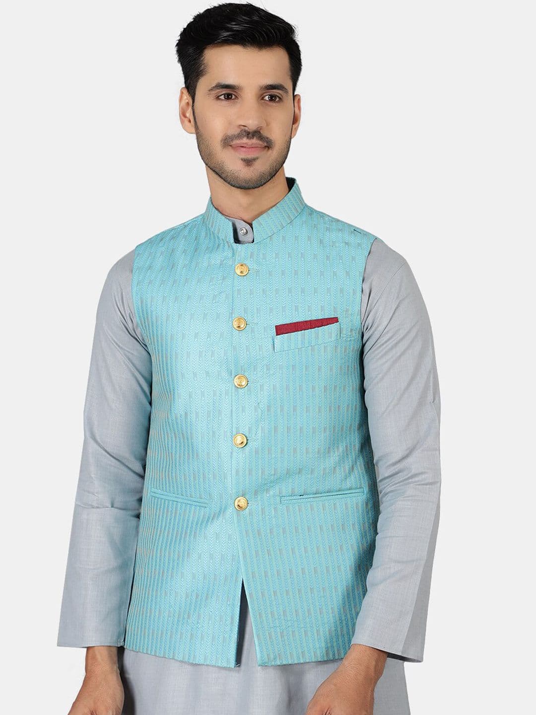 Wintage Men Blue Printed Woven Nehru Jackets - view 1