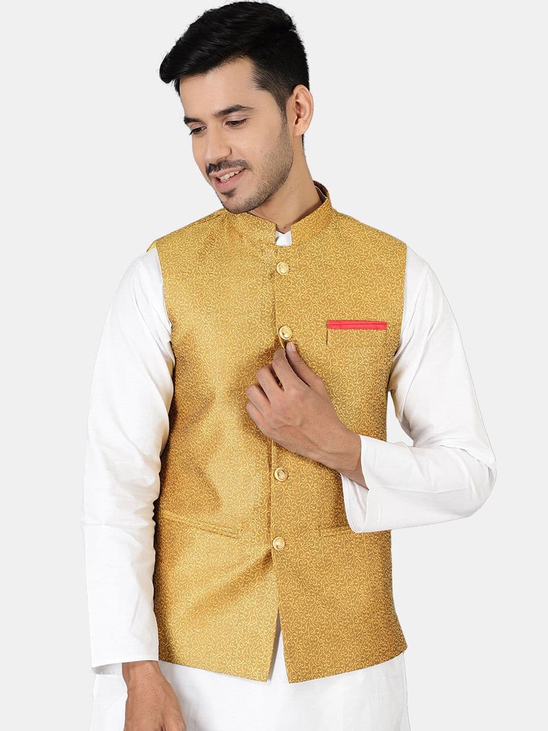 Wintage Men Golden Woven Design Nehru Jackets - view 1