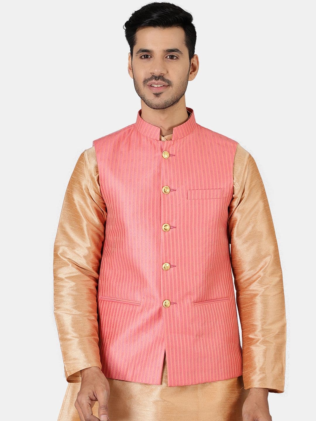 Wintage Men Pink Striped Nehru Jacket - view 1