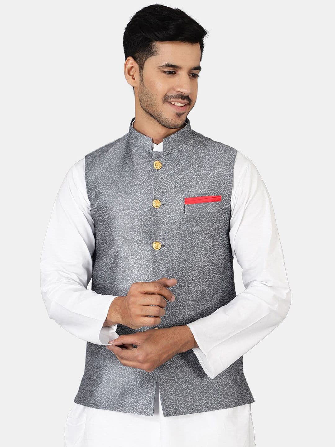 Wintage Men Grey Woven Design Nehru Jackets - view 1
