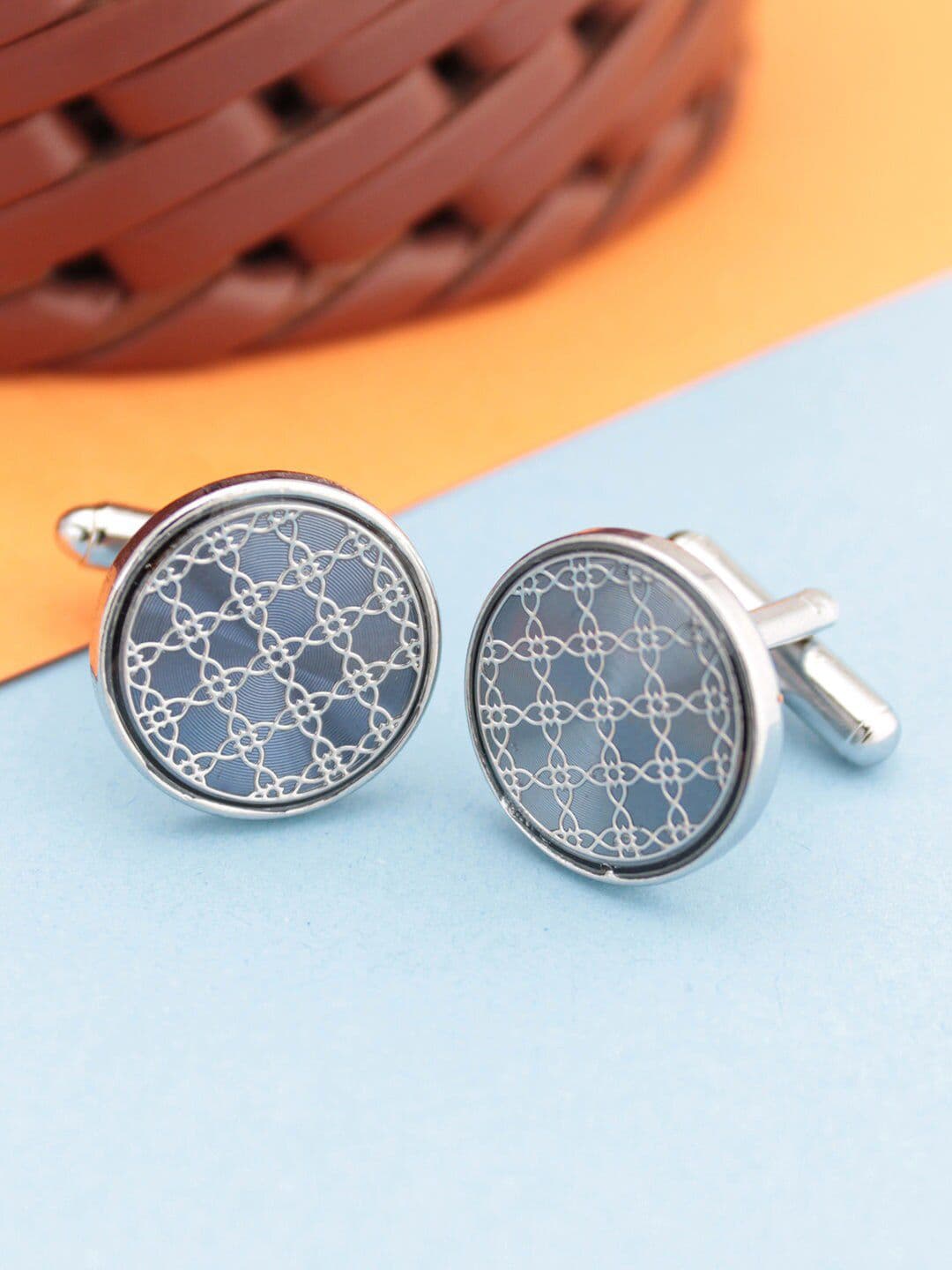 Kavove Blue & Silver-Toned Round Cufflink - view 1