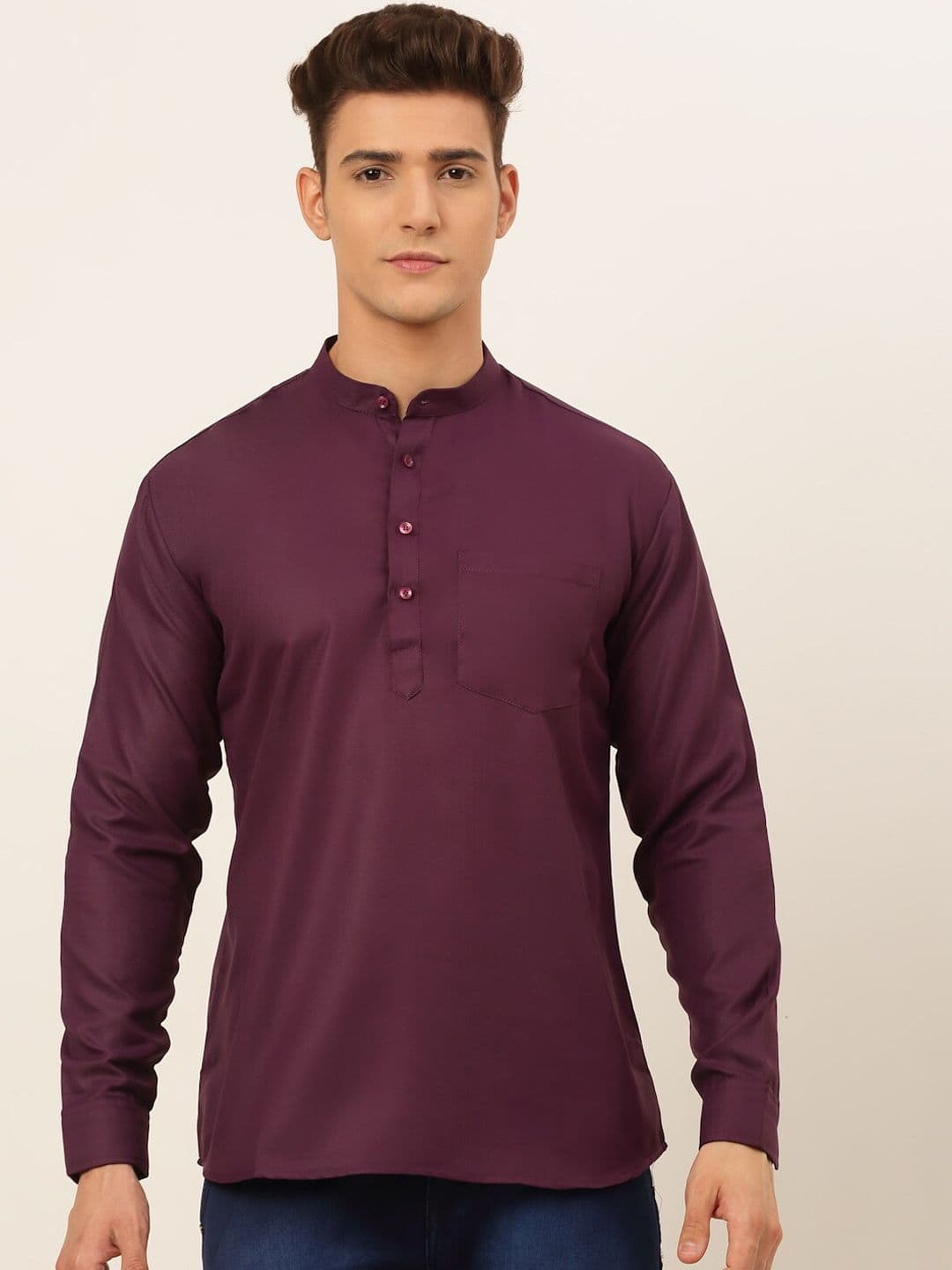 Jompers Men Purple Solid 100% Cotton Straight Kurta - view 1