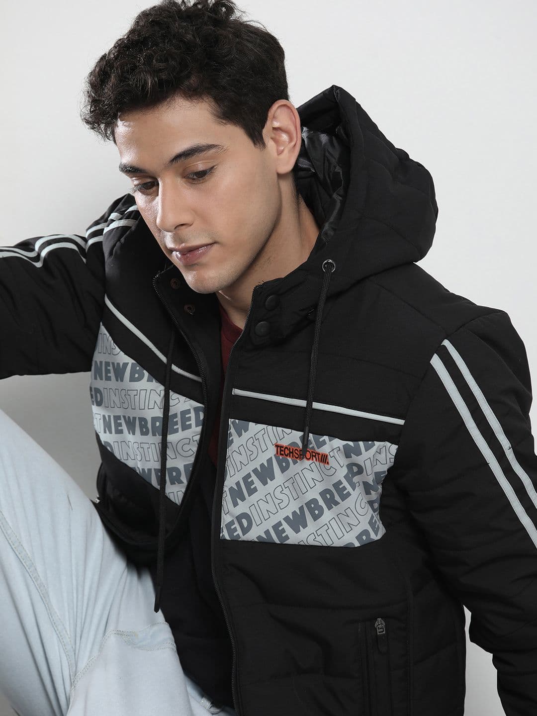 The Indian Garage Co Men Typographic Print Slim Fit Puffer Jacket with Detachable Hood - view 1
