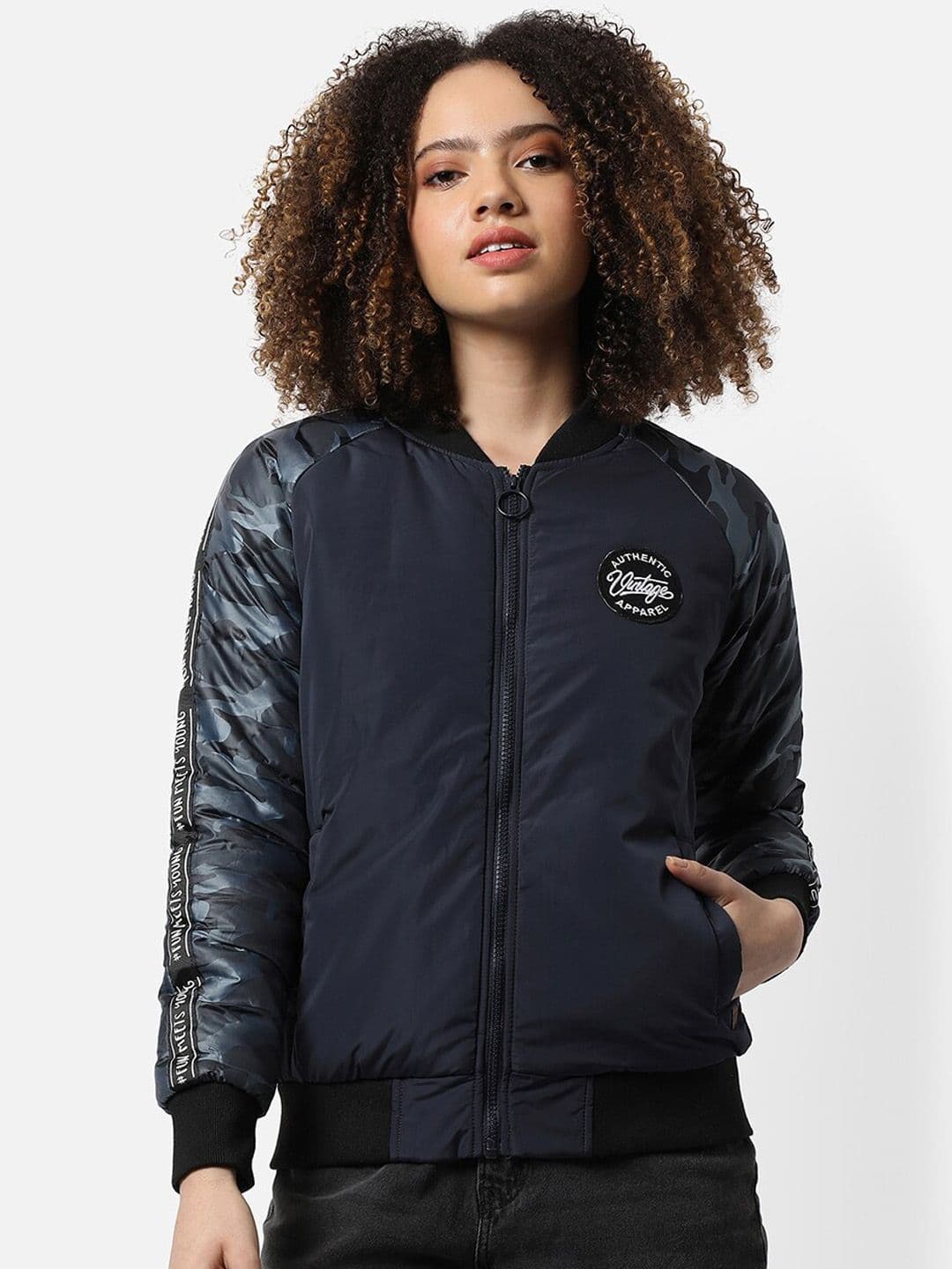 PINACOLADA Women Blue Camouflage Windcheater Regular Fit Bomber Jacket - view 1