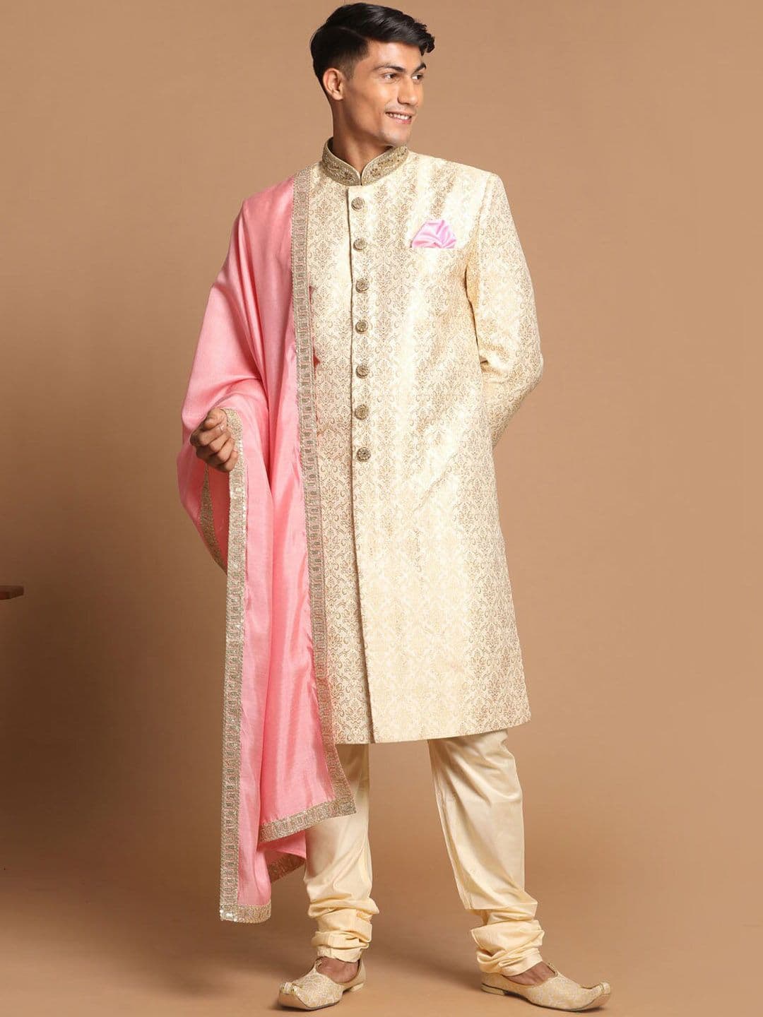 VASTRAMAY Men Beige & Gold-Coloured Silk Blend Sherwani Set - view 1