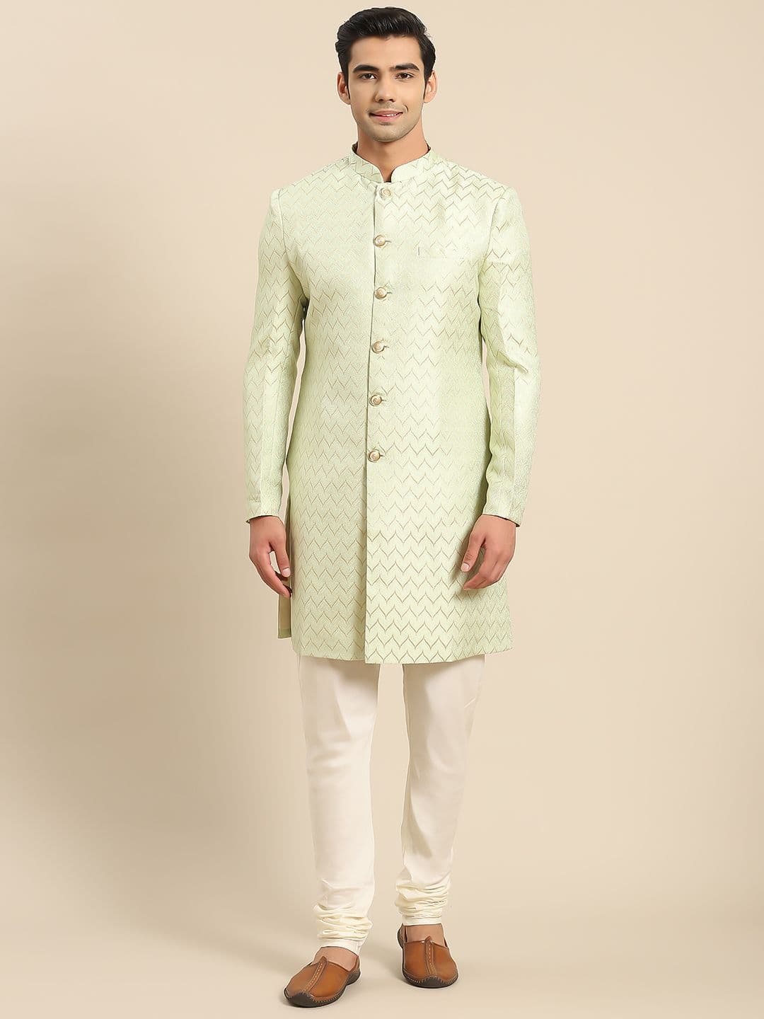 KISAH Men Geometric Jacquard Indowestern Sherwani & Churidar Set - view 1