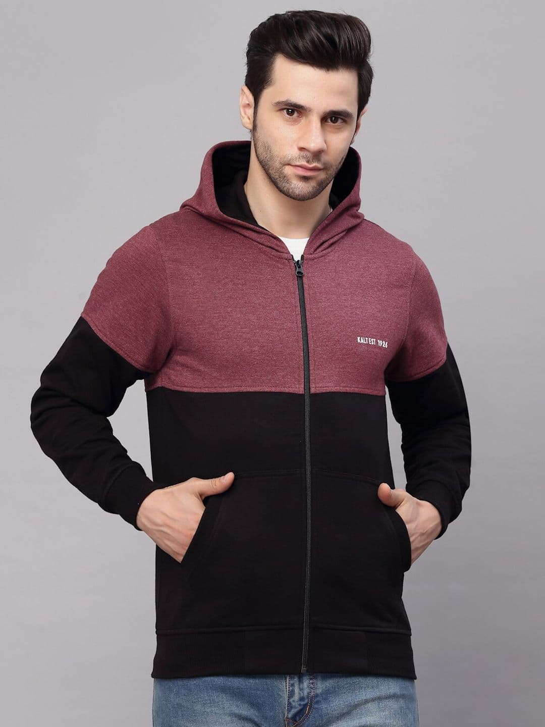 Kalt Men Maroon Black Colourblocked Fleece Bomber Jacket - view 1