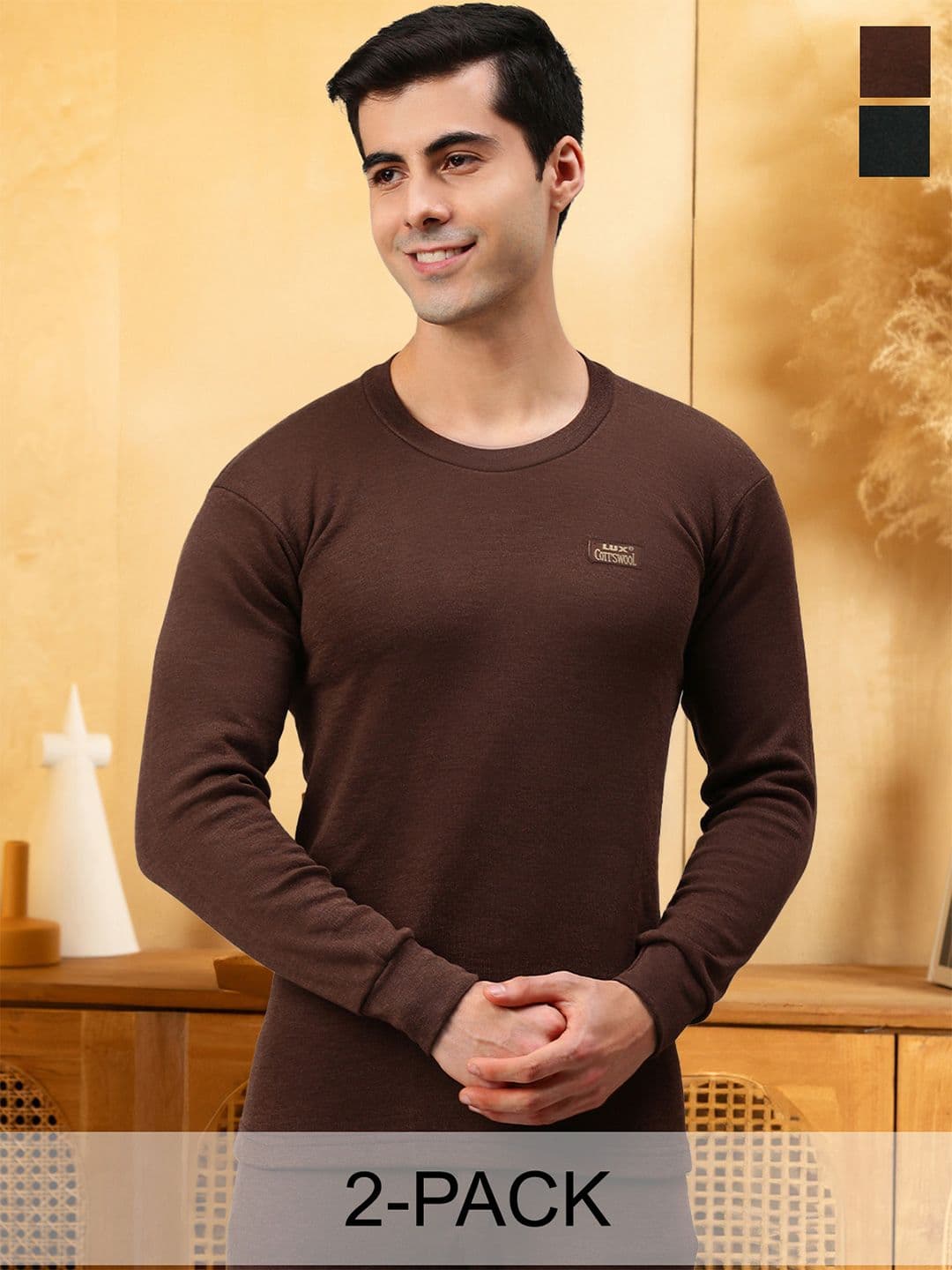 Lux Cottswool Men Pack Of 2 Solid Cotton Thermal Tops - view 1