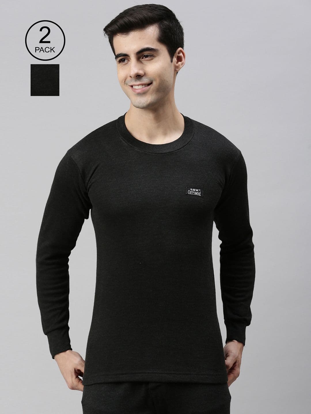 Lux Cottswool Men Pack Of 2 Black Solid Cotton Thermal Tops - view 1