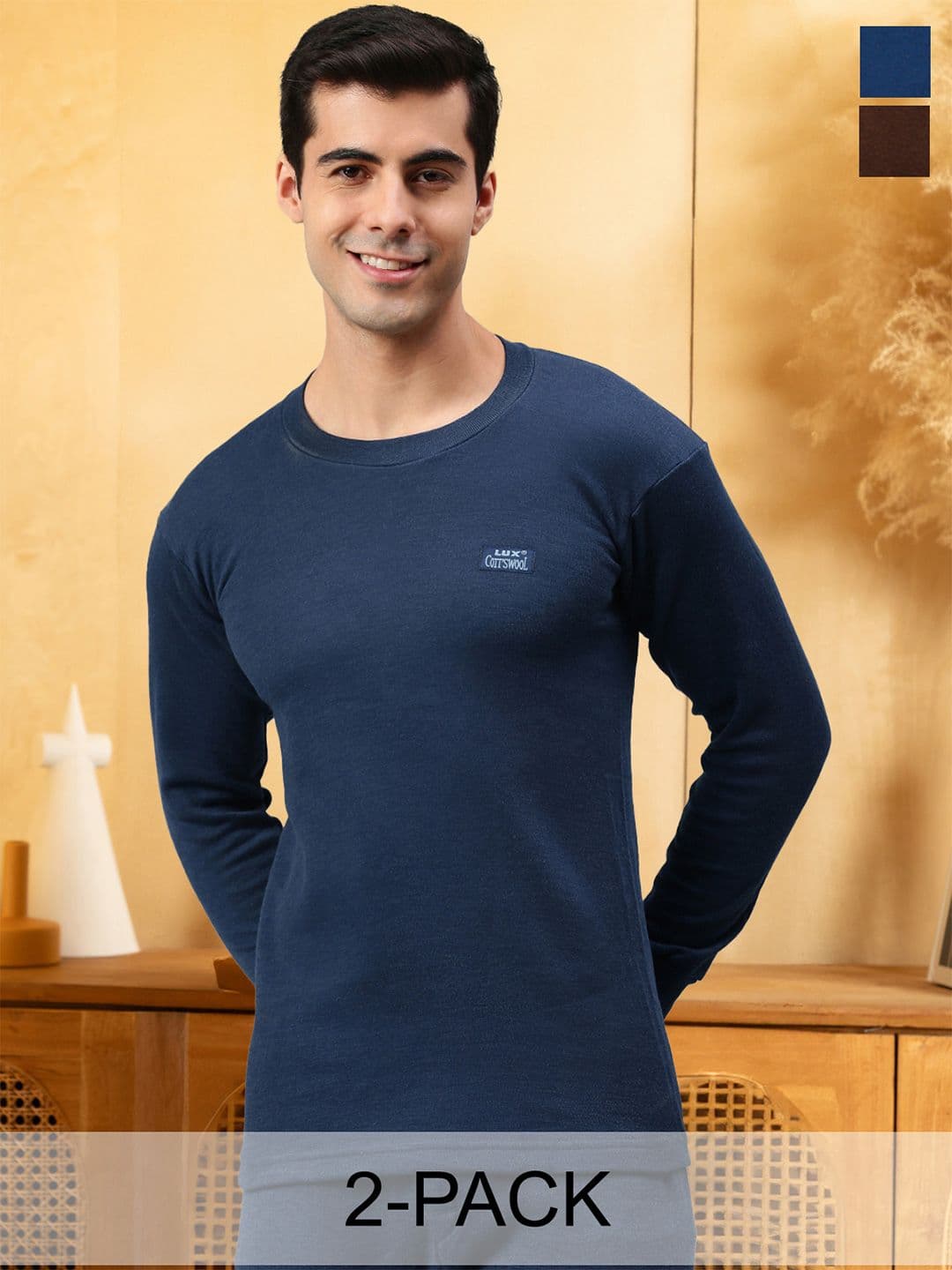 Lux Cottswool Men Pack of 2 Blue & Brown Cotton Solid Thermal T-shirt - view 1
