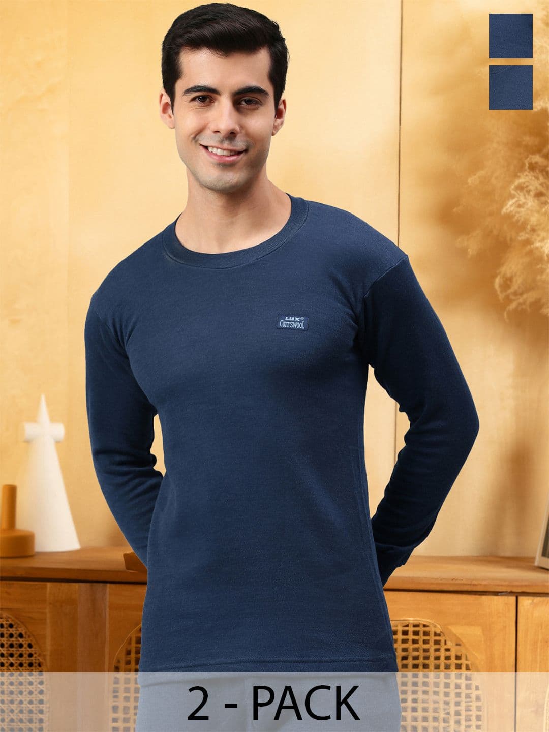 Lux Cottswool Men Pack of 2 Blue Solid Thermal Tops - view 1