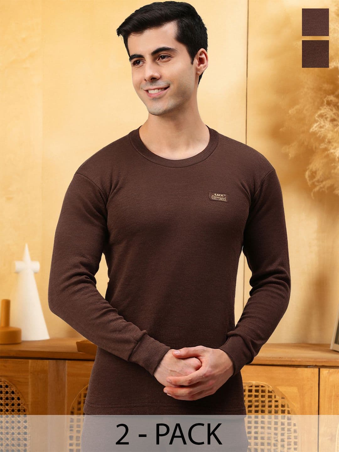 Lux Cottswool Men Pack of 2 Brown Solid Cotton Slim Fit Thermal Tops - view 1
