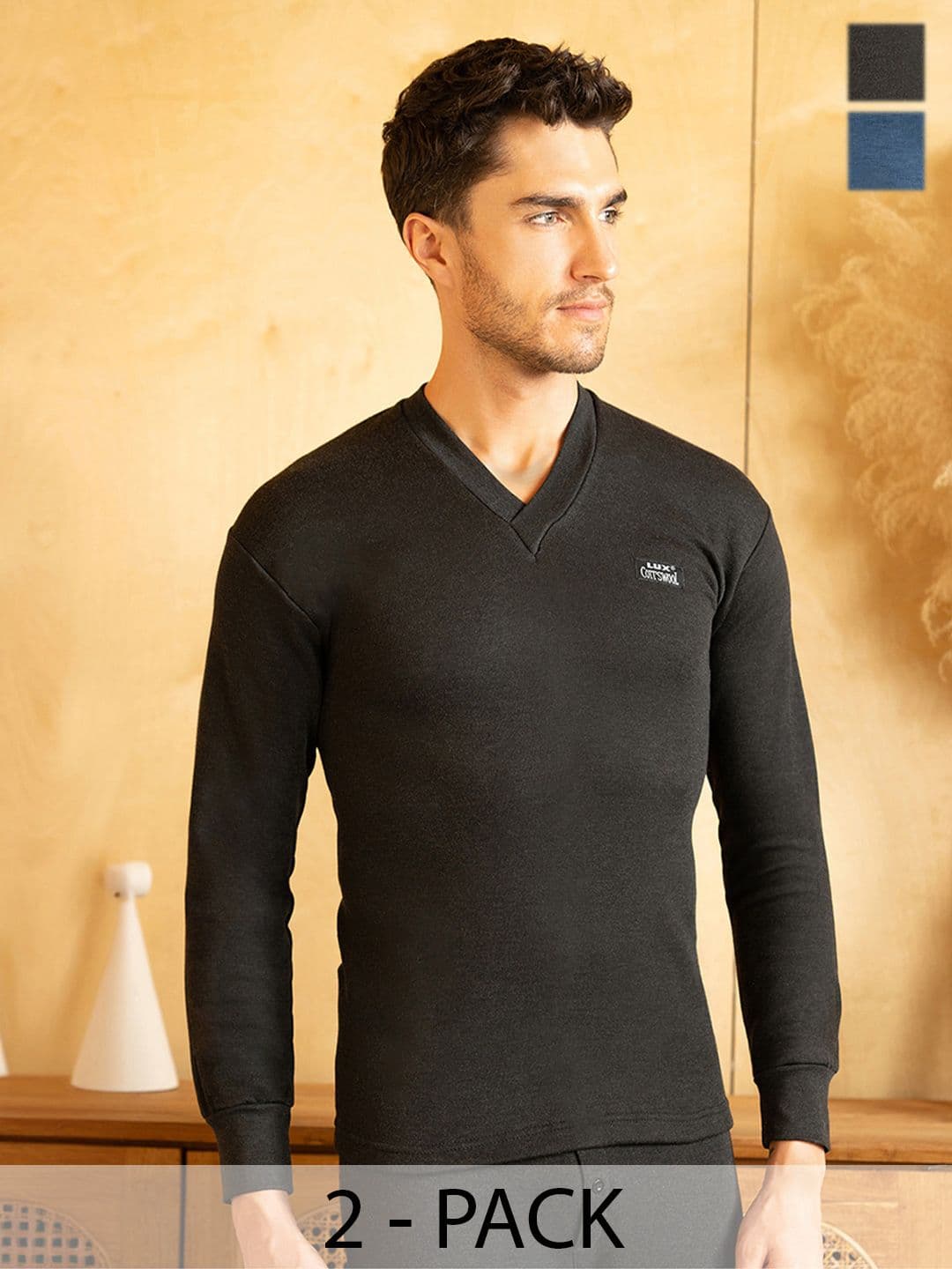 Lux Cottswool Men Pack of 2 Blue & Black Solid Thermal Tops - view 1