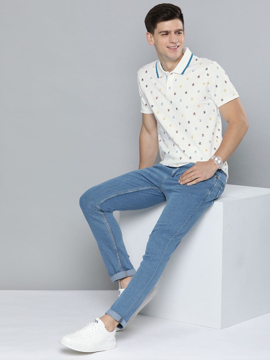 Mast & Harbour Men White Cotton Typography Printed Polo Collar T-shirt - view 1