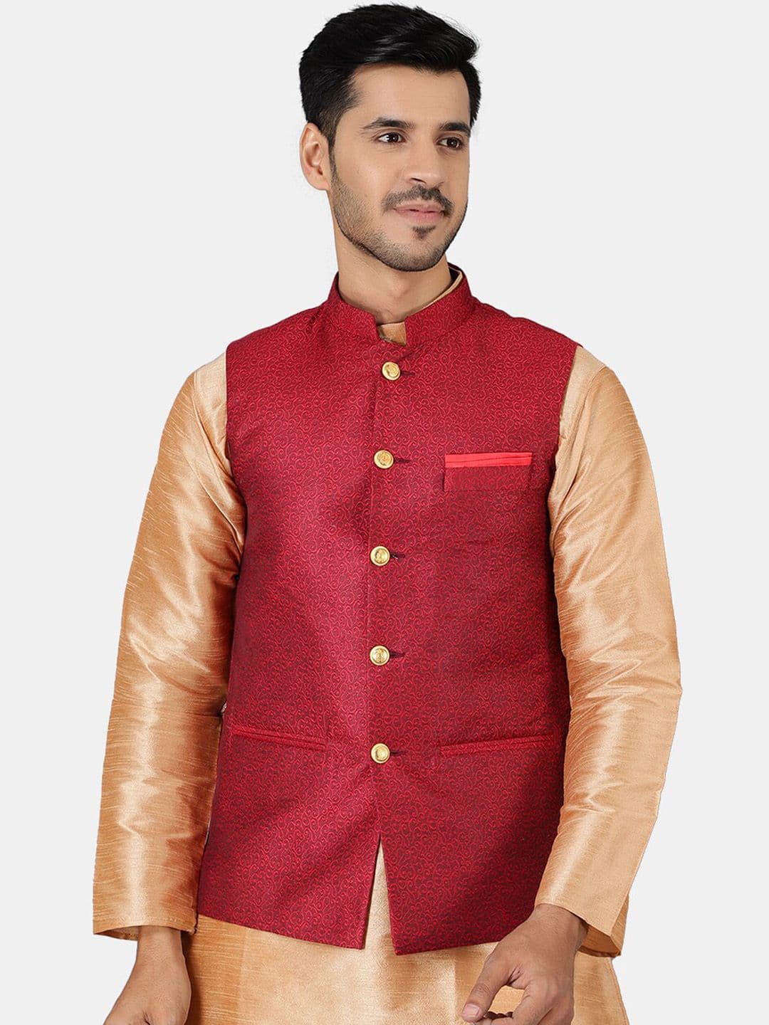 Wintage Men Red Woven-Design Nehru Jacket - view 1