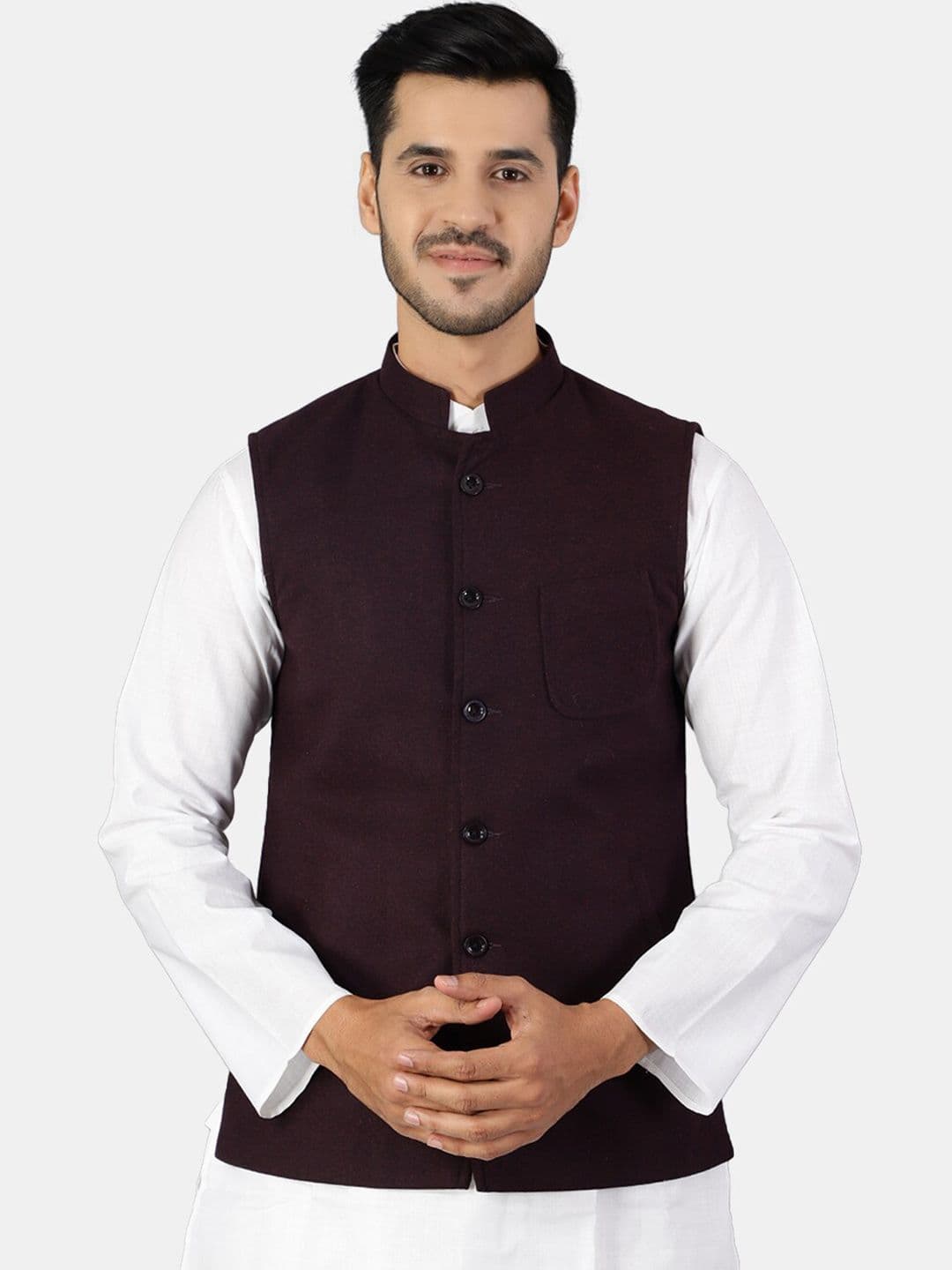 Wintage Men Purple Solid Wool Tweed Nehru Jackets - view 1