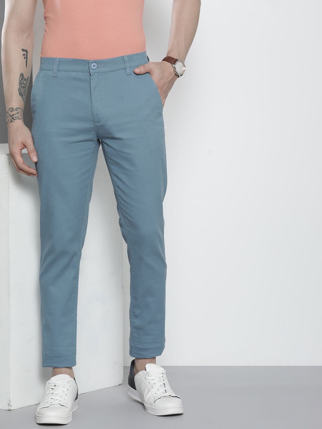 The Indian Garage Co Men Blue Solid Chinos Trousers - view 1