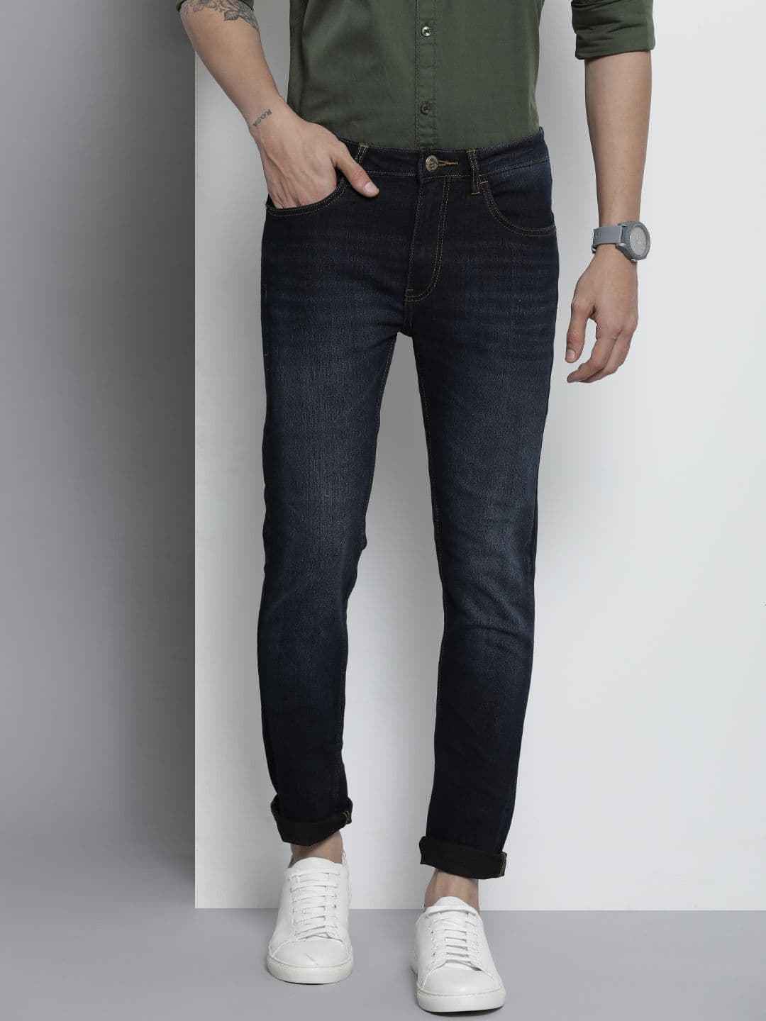 The Indian Garage Co Men Navy Blue Jean Skinny Fit Light Fade Stretchable Jeans - view 1
