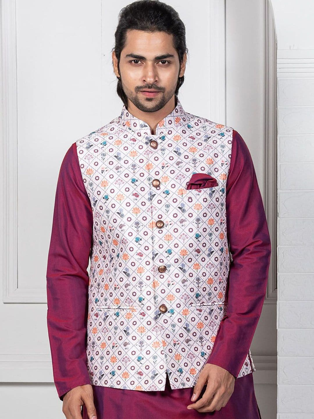 KISAH Men White Woven Design Nehru Jacket - view 1