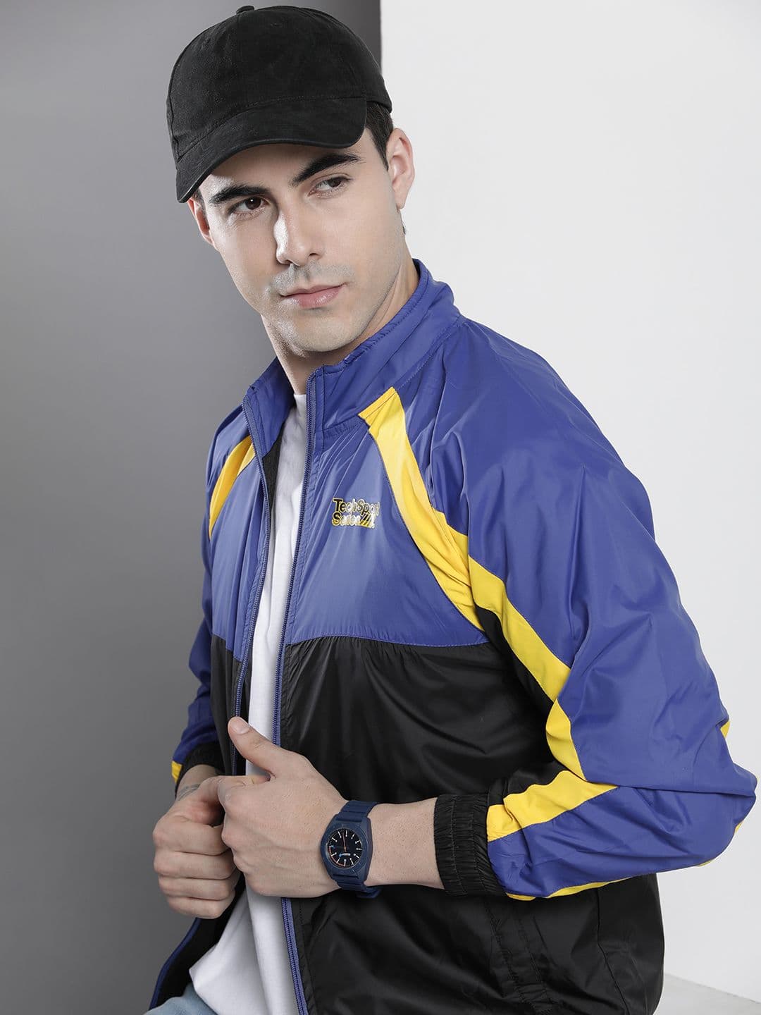 The Indian Garage Co Men Black & Blue Colourblocked Windcheater Bomber Jacket - view 1