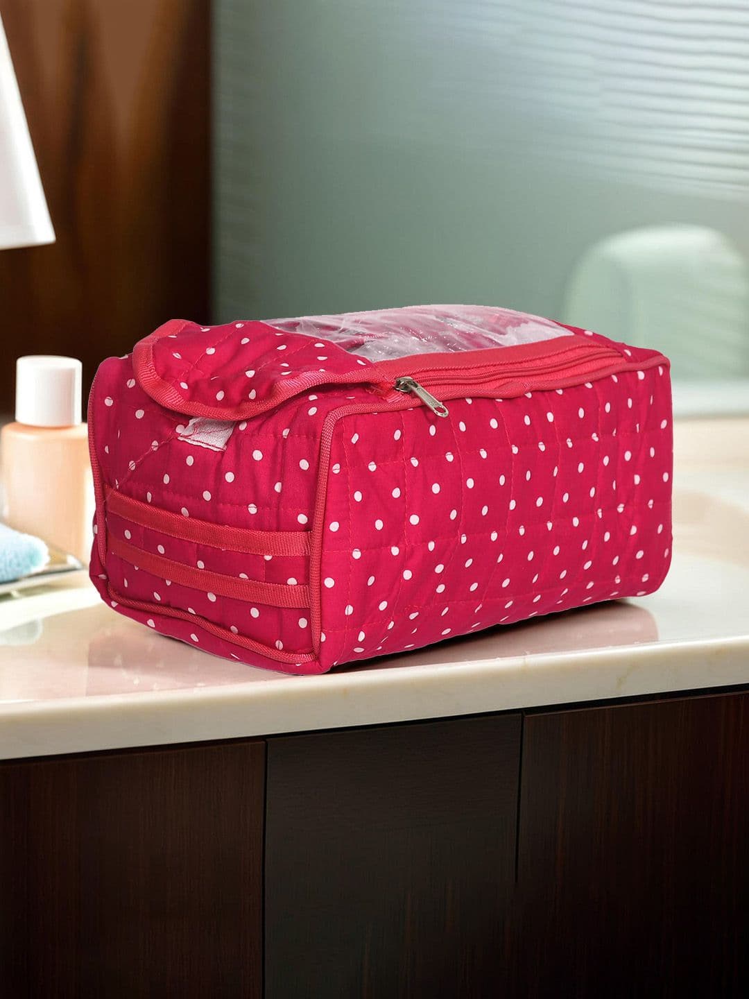 Kuber Industries Pink & White Polka Printed Cotton Jewelry Organiser - view 1