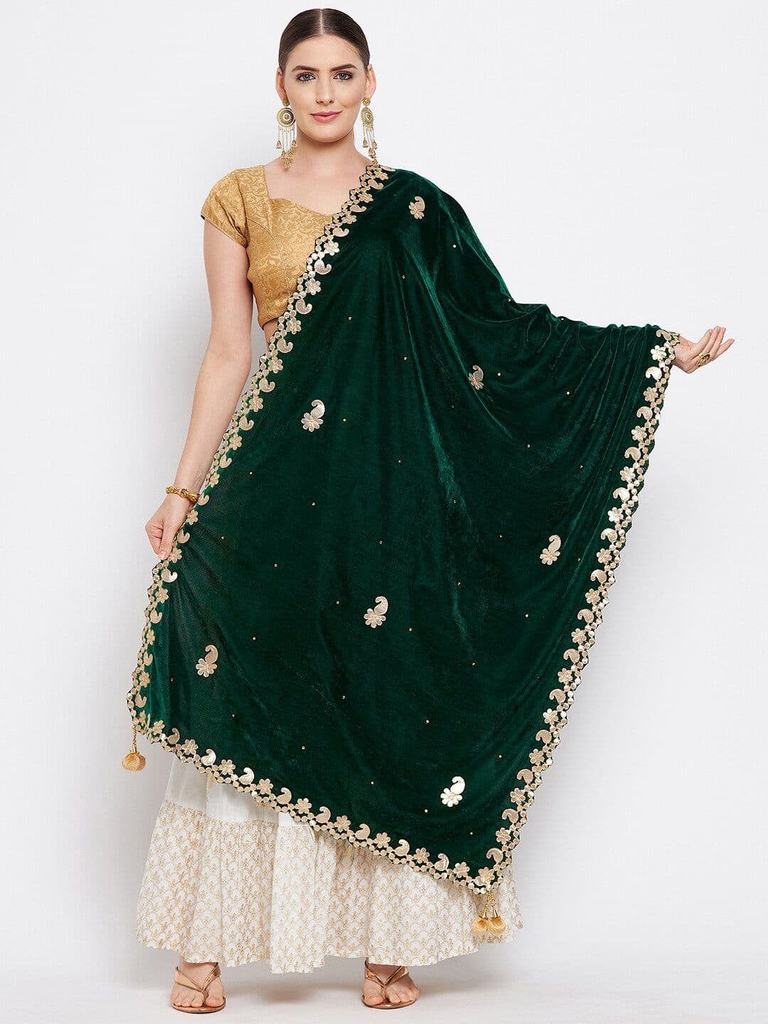 Clora Creation Green & Gold-Toned Embroidered Velvet Dupatta with Gotta Patti - view 1