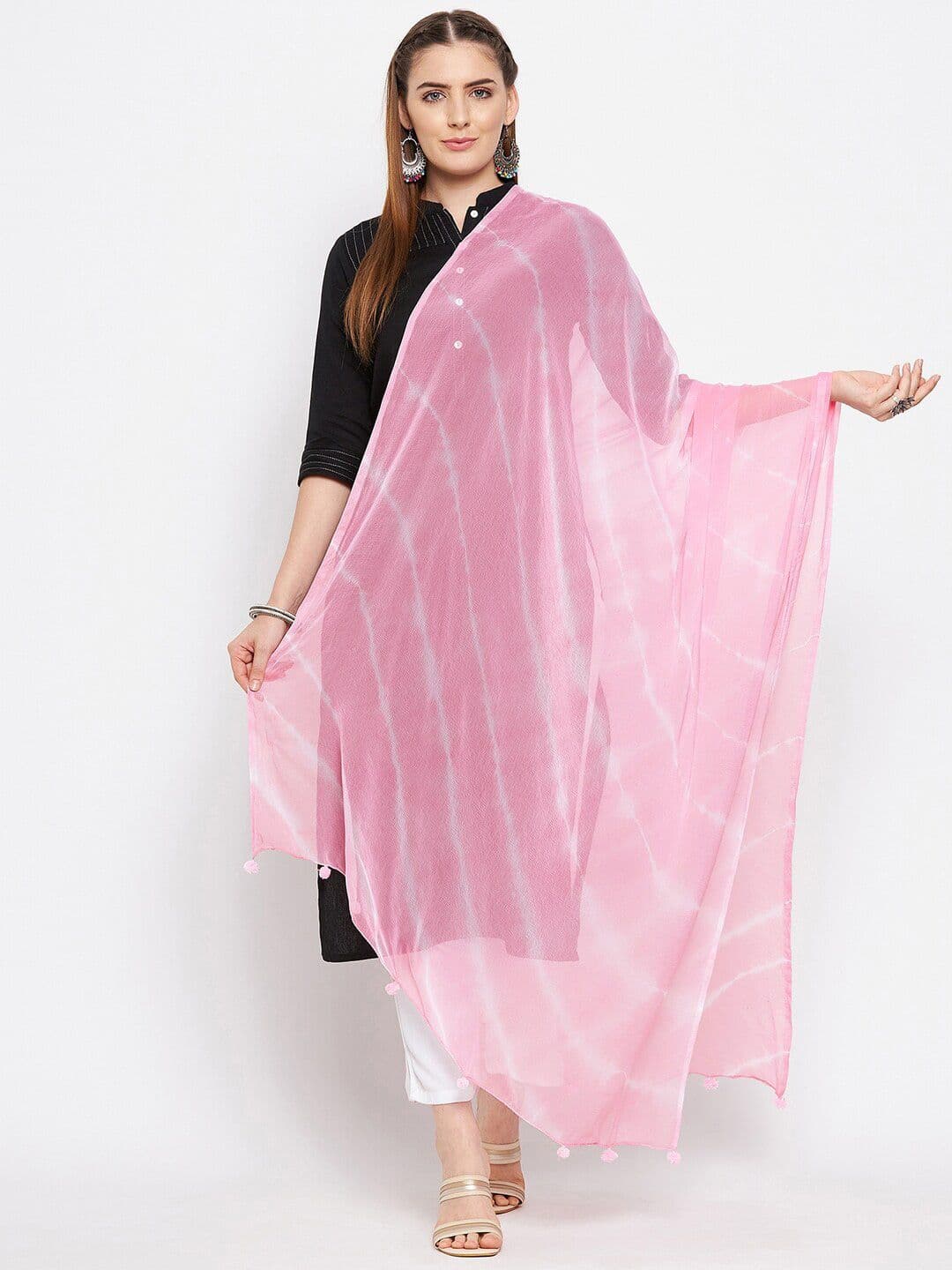 Clora Creation Women Baby Pink & White Striped Leheriya Dupatta - view 1