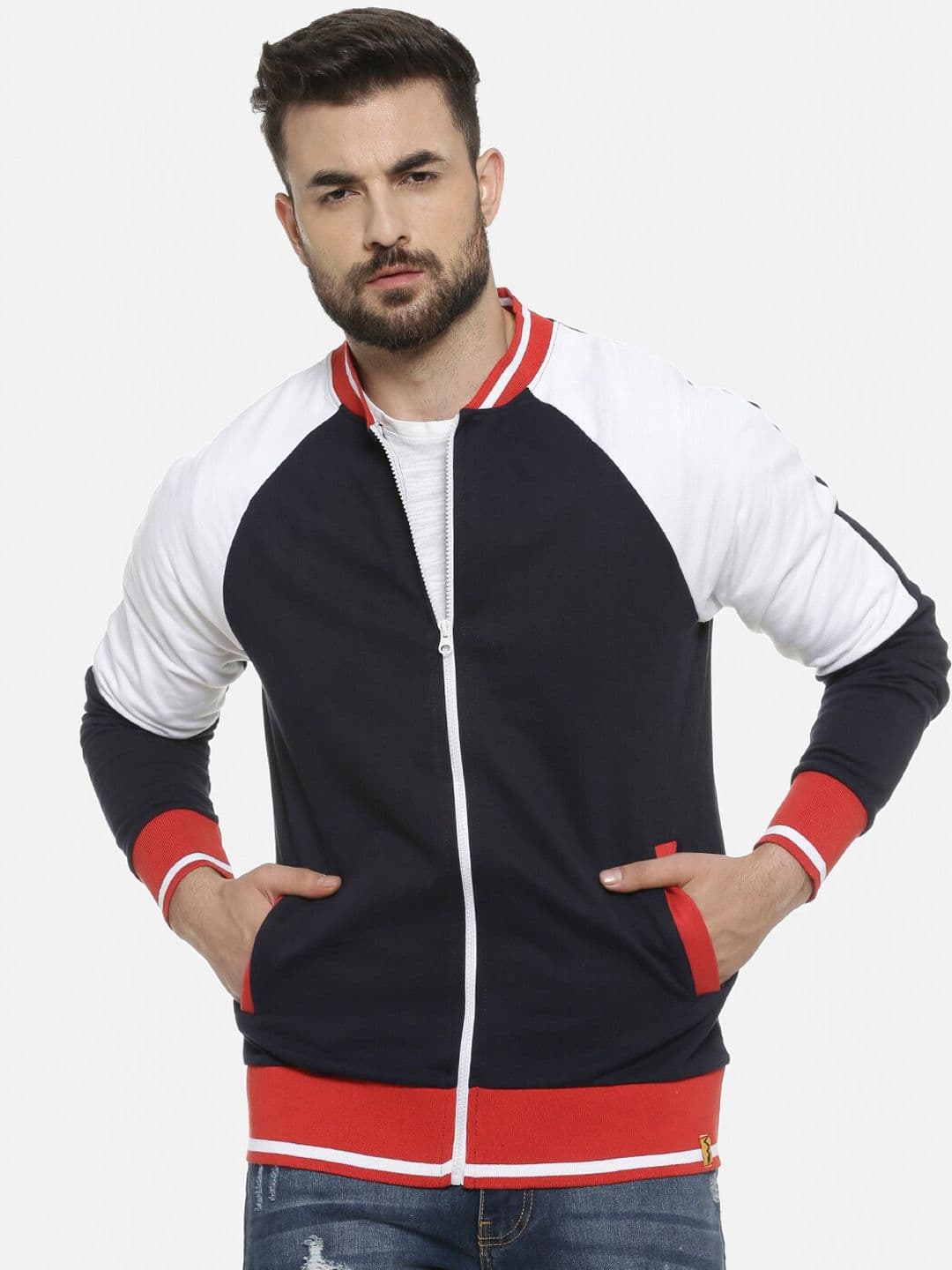 CAHOOT Men Navy Blue White Colourblocked Outdoor Bomber Jacket - view 1