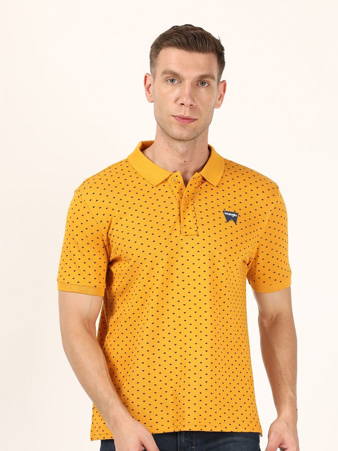 Wrangler Men Yellow Printed Polo Collar Cotton T-shirt - view 1