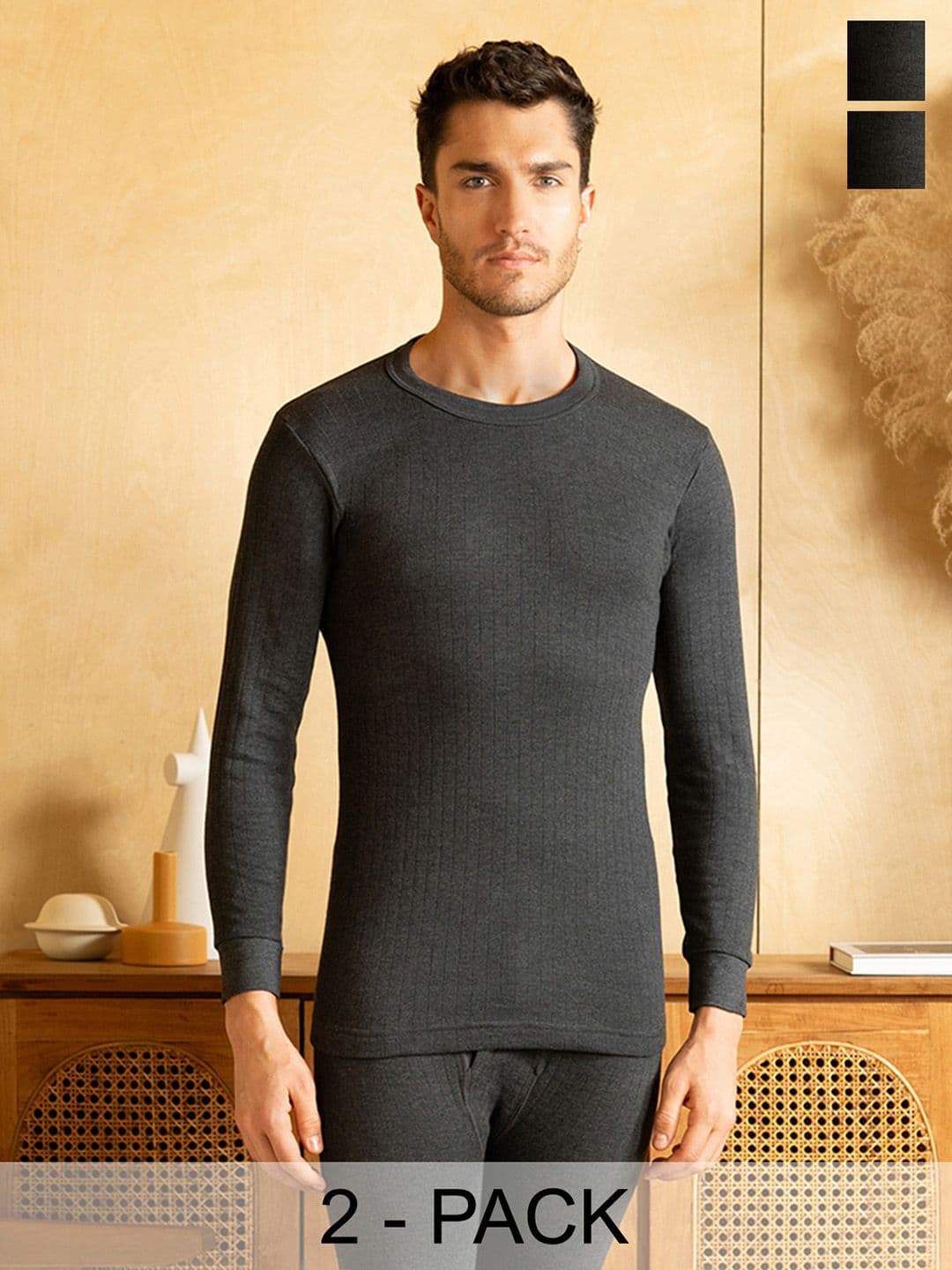 LUX PARKER Men Pack Of 2 Black Solid Slim-Fit Solid Cotton Thermal Top - view 1