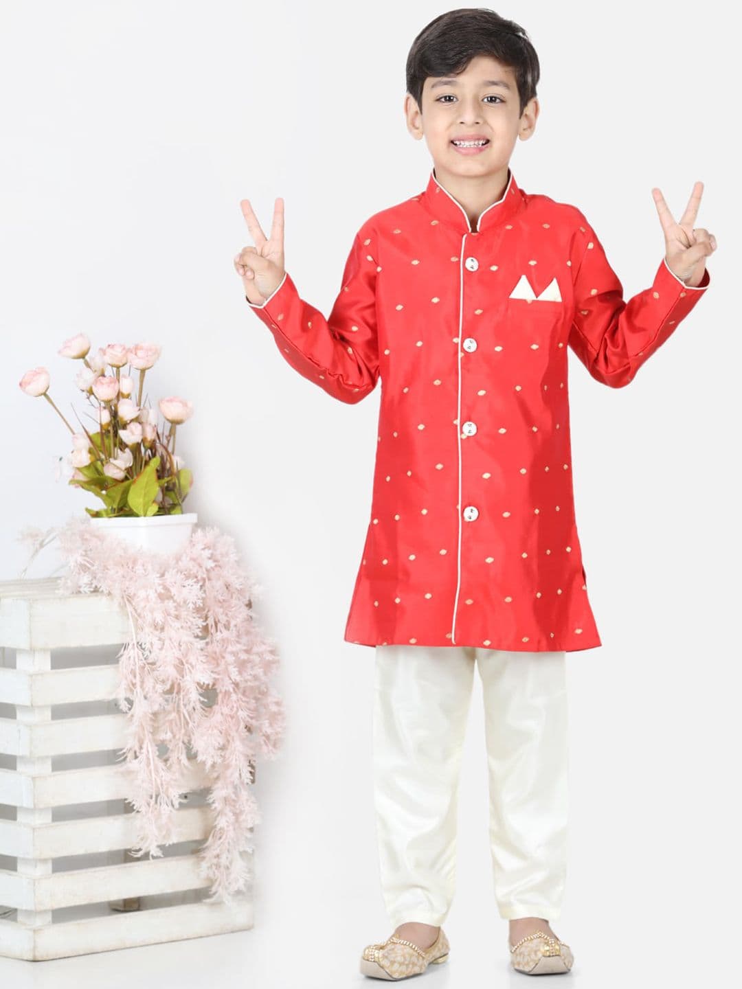 BownBee Boys Red Printed Silk Sherwani - view 1