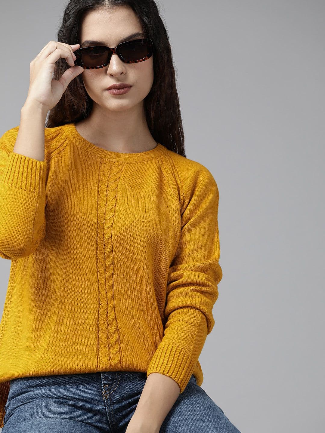 Roadster Women Mustard Yellow Cable Knit Pullover - view 1