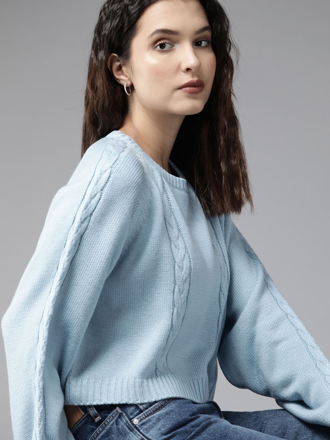 Roadster Women Blue Cable Knit Pullover - view 1