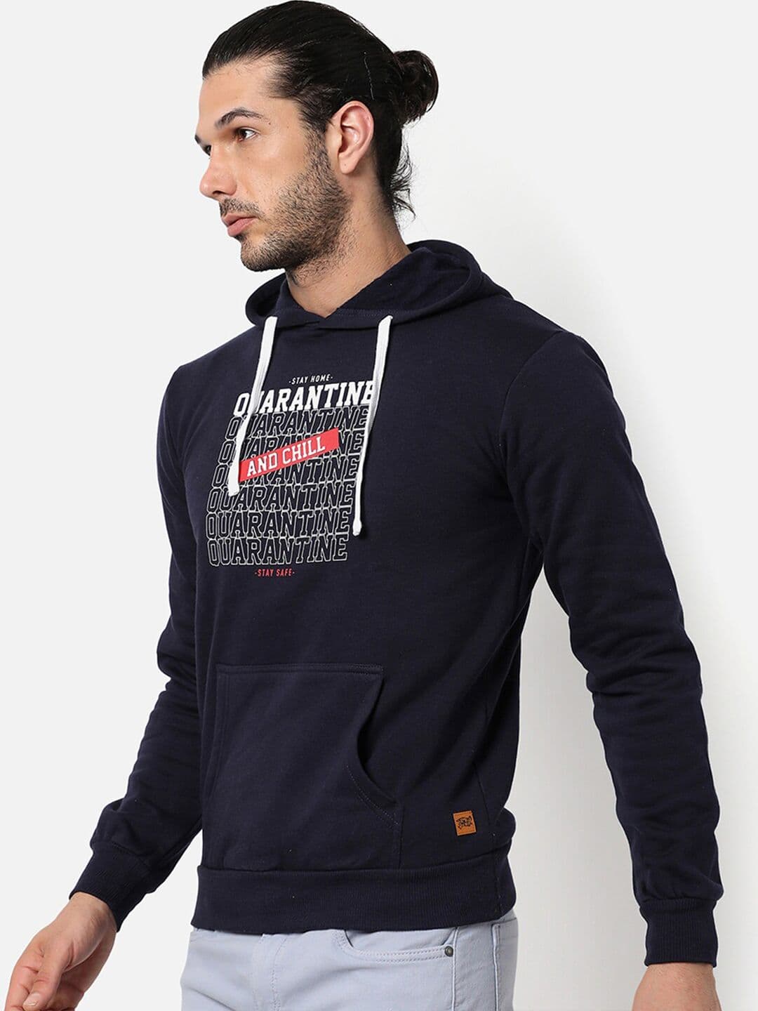 CAHOOT Men Navy Blue Printed Hooded Cotton Sweatshirt - view 1