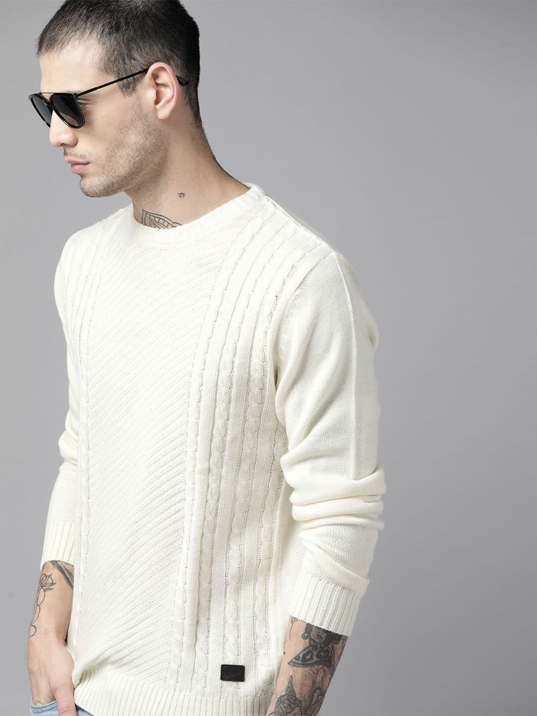 The Roadster Lifestyle Co. Men Off White Cable Knit Pullover - view 1