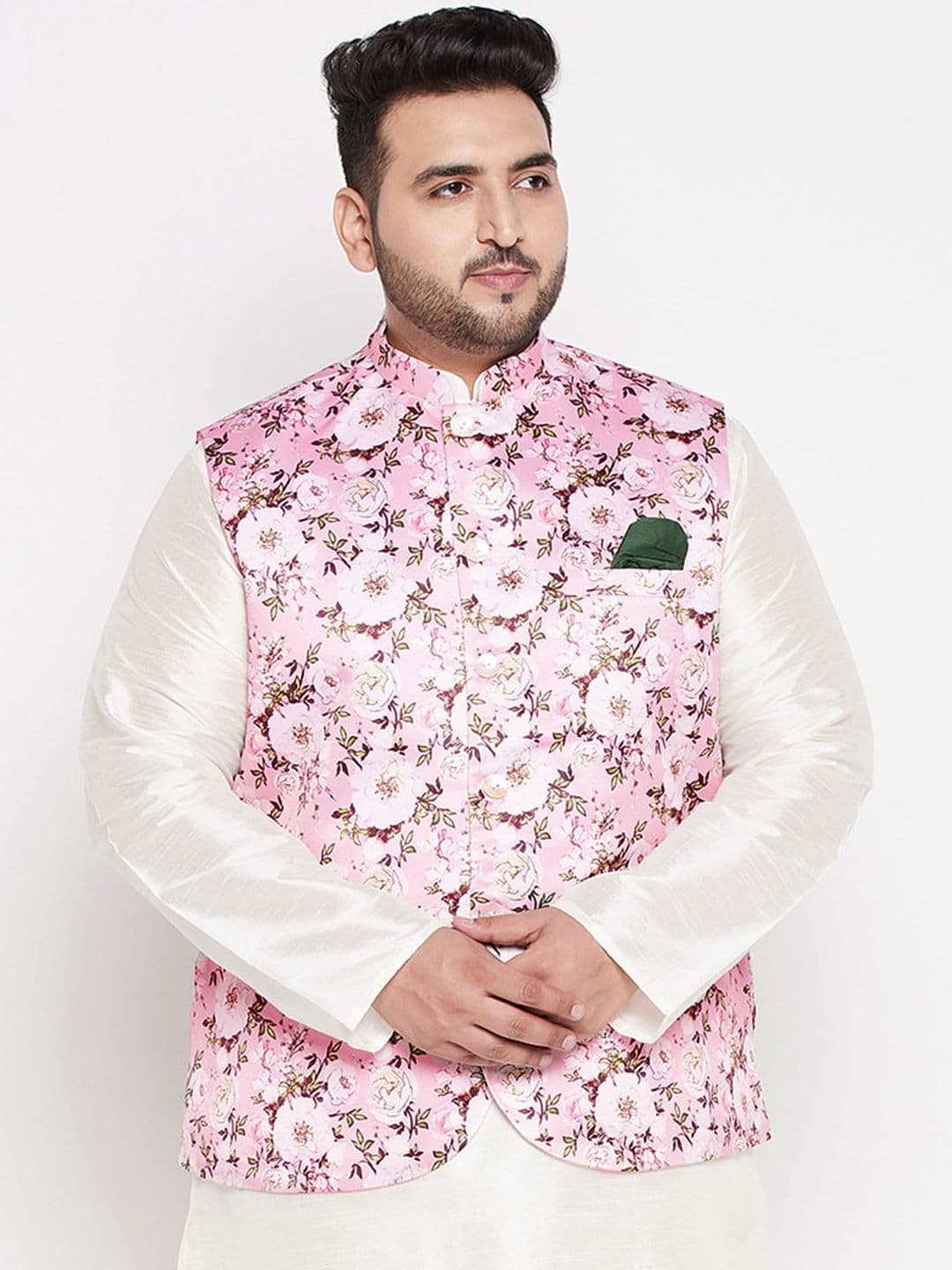 VASTRAMAY Men Plus Size Pink Printed Nehru Jackets - view 1