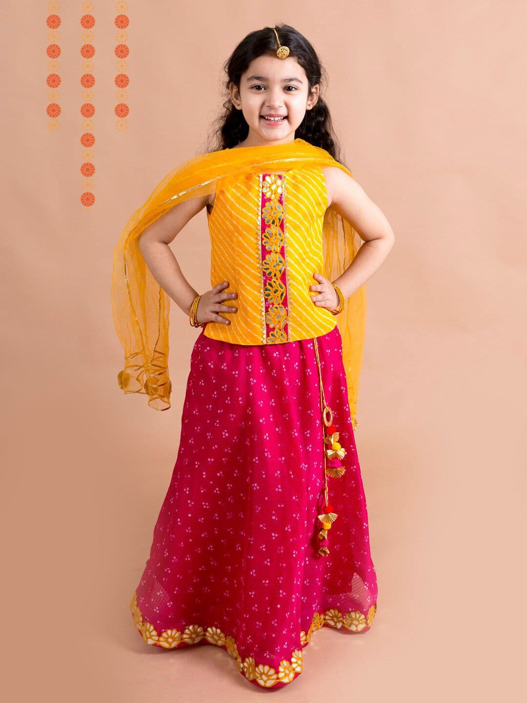 Pspeaches Girls Yellow And Magenta Leheriya Kota Lehenga Choli Dupatta Set - view 1