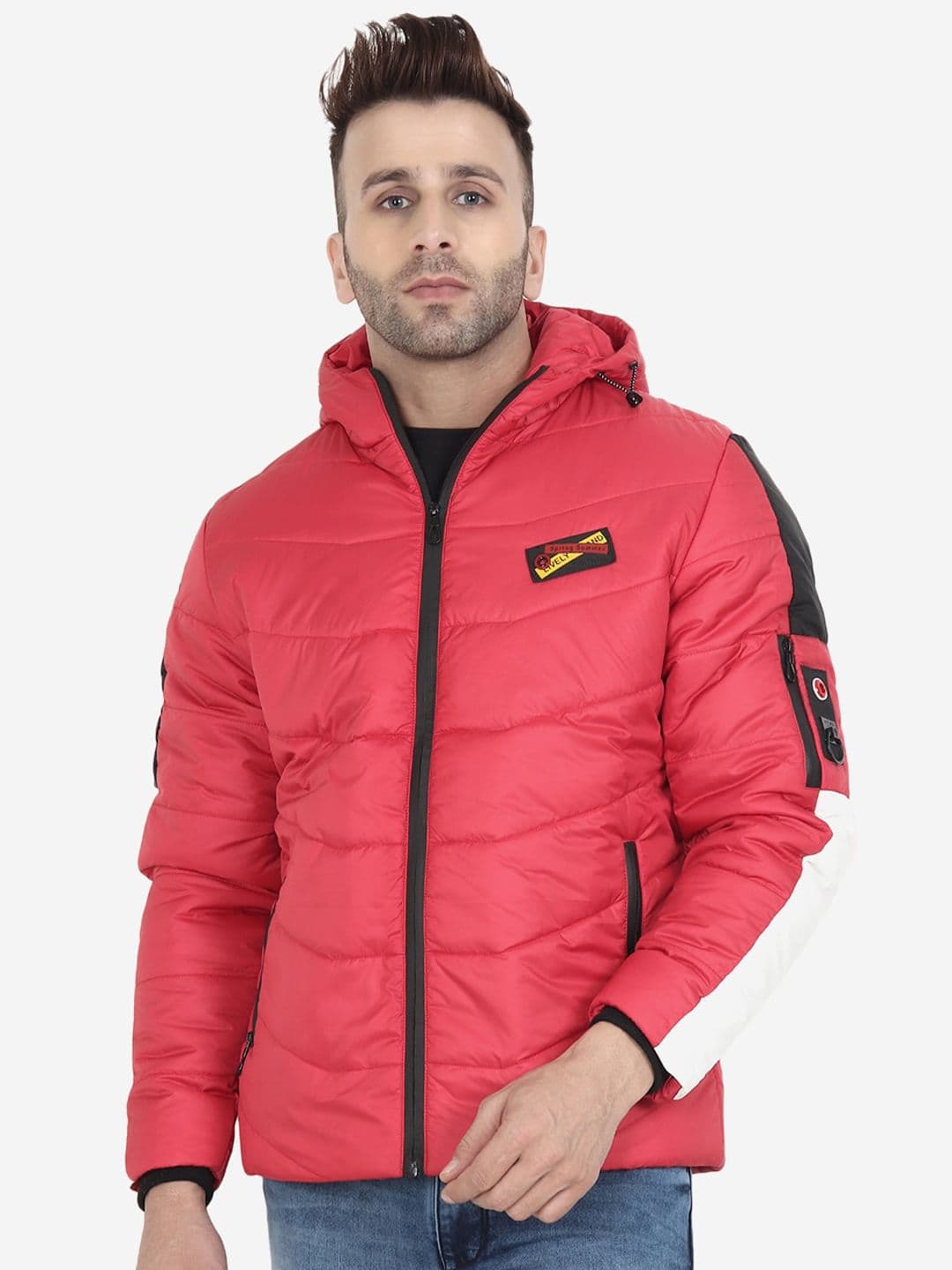 Xohy Men Red Solid Nylon Long Sleeves Lightweight Padded Jacket - view 1
