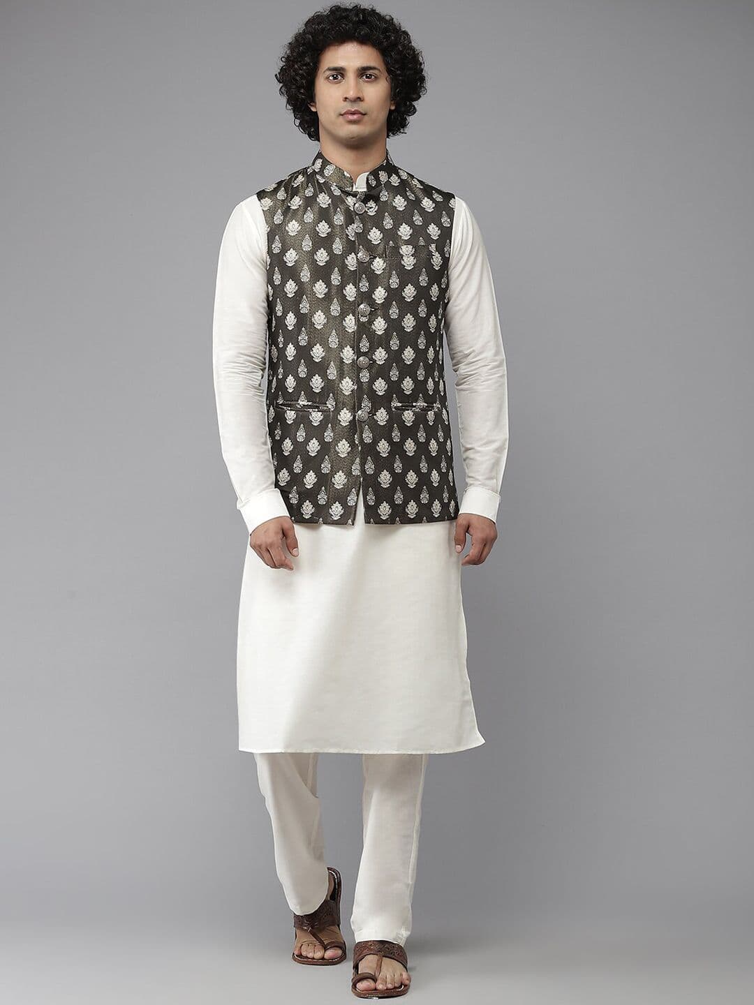 See Designs Men Black & White Printed Nehru Jackets - view 1