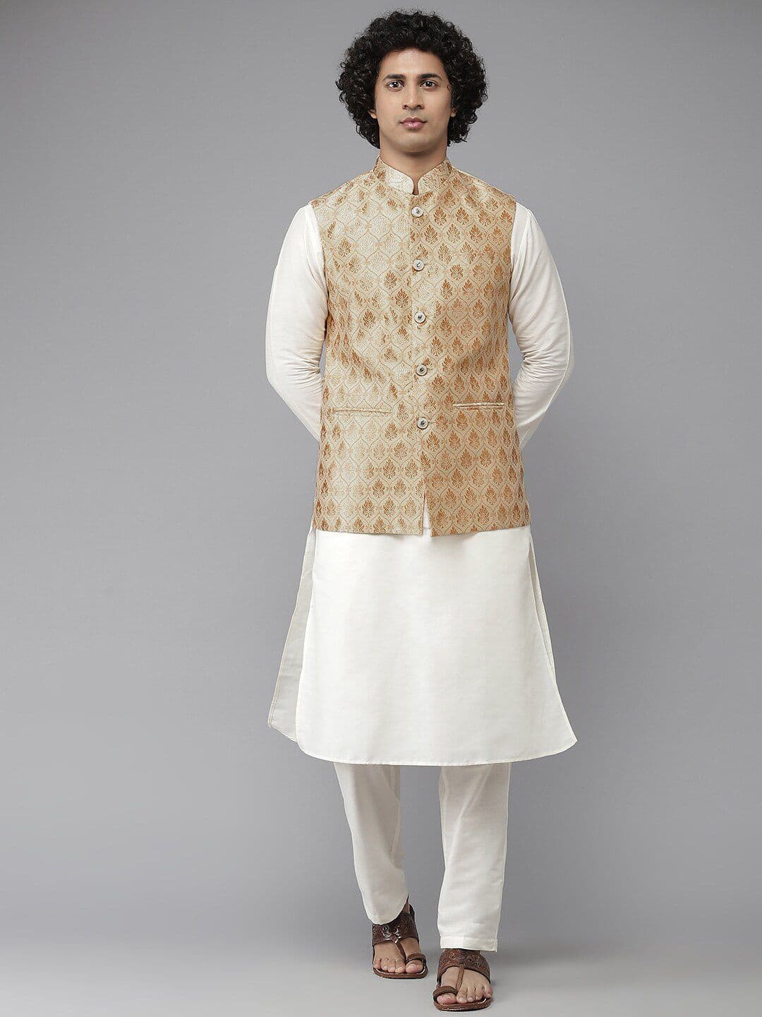 See Designs Men Gold-Toned Woven Design Jacquard Nehru Jacket - view 1