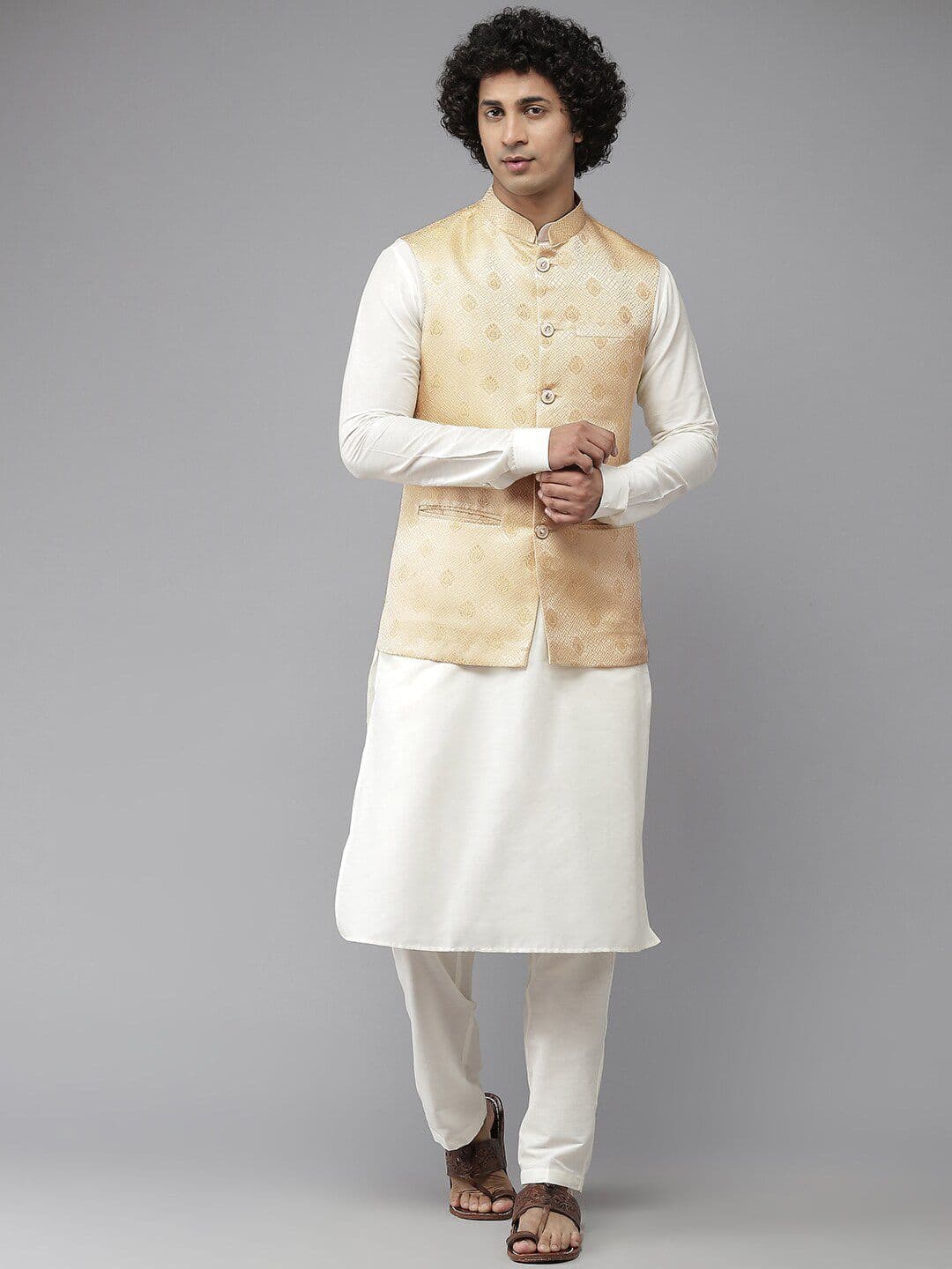 See Designs Men Golden Colored Woven Design Nehru Jackets - view 1