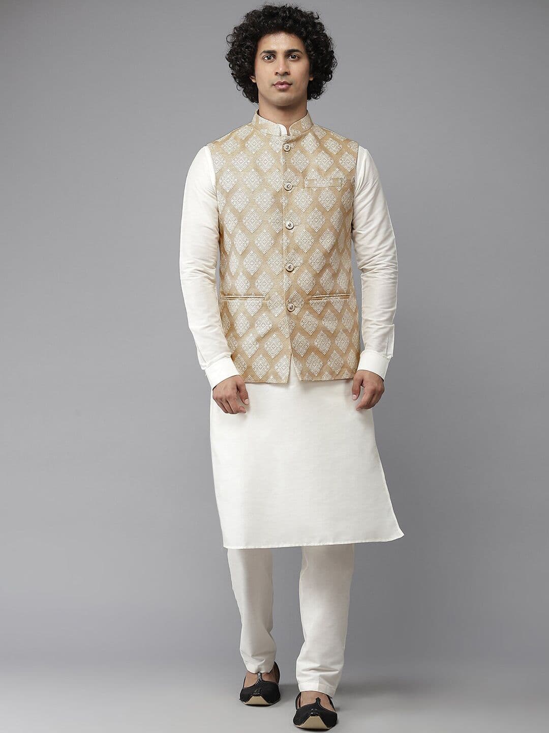 See Designs Men Golden Colored Woven Design Nehru Jackets - view 1