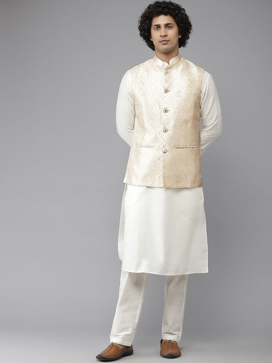 See Designs Men Golden Woven Jacquard Nehru Jacket - view 1