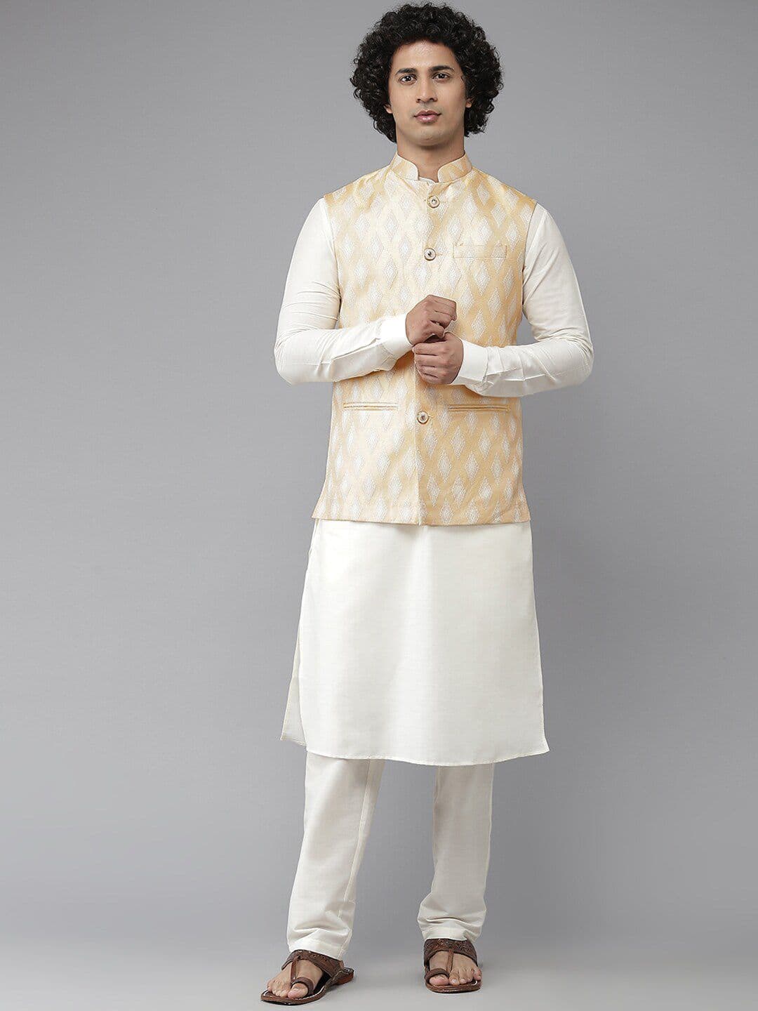 See Designs Men Gold-Coloured Woven Design Nehru Jacket - view 1