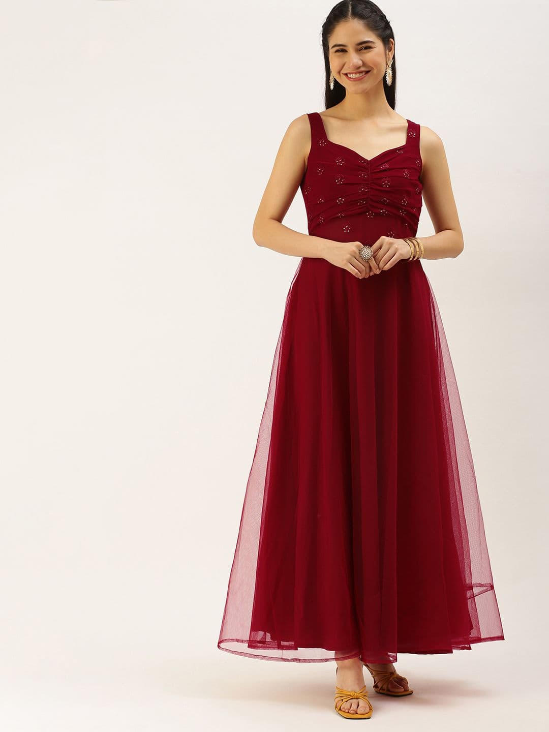 Ethnovog Maroon Sequined Detail Net Maxi Ethnic Dress - view 1