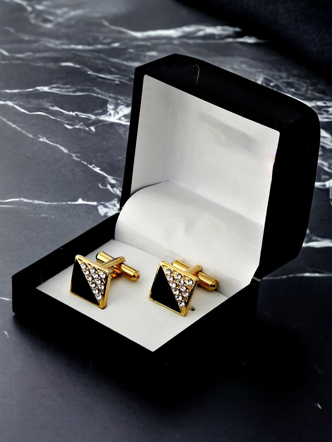 LUCKY JEWELLERY Gold Plated Black Geometric Cufflink - view 1