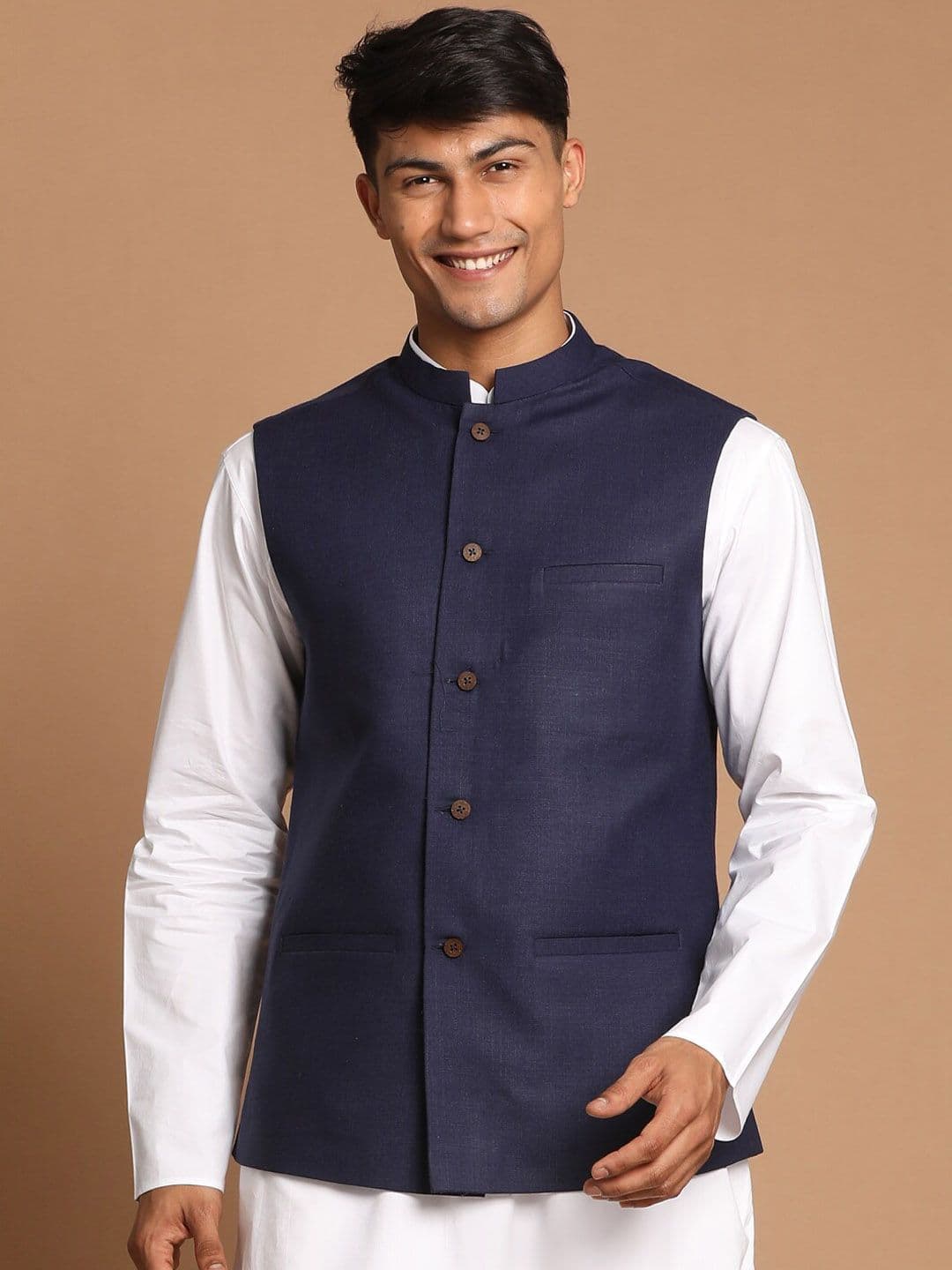 VASTRAMAY Men Navy Solid Blue Nehru Jacket - view 1
