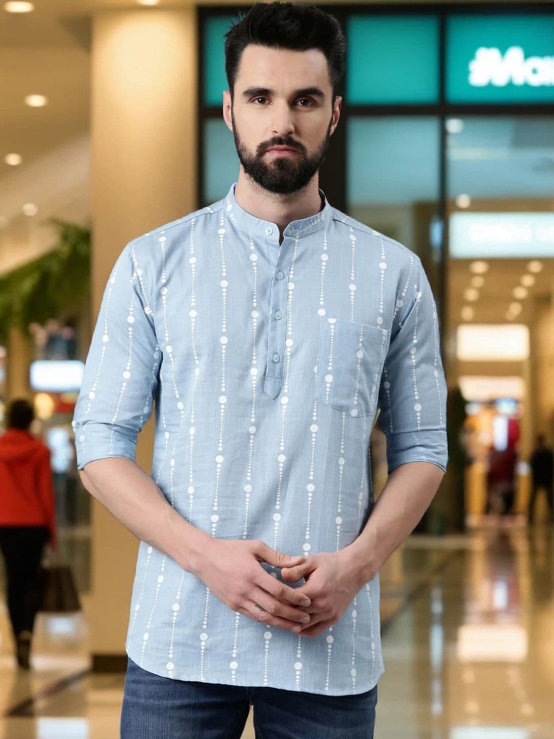 Kryptic Men Blue Geometric Printed Cotton Kurta - view 1